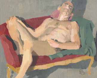 Sarah F Burns, painting: "Drew on the red couch" Sarah F Burns, painting: "Drew on the red couch"
